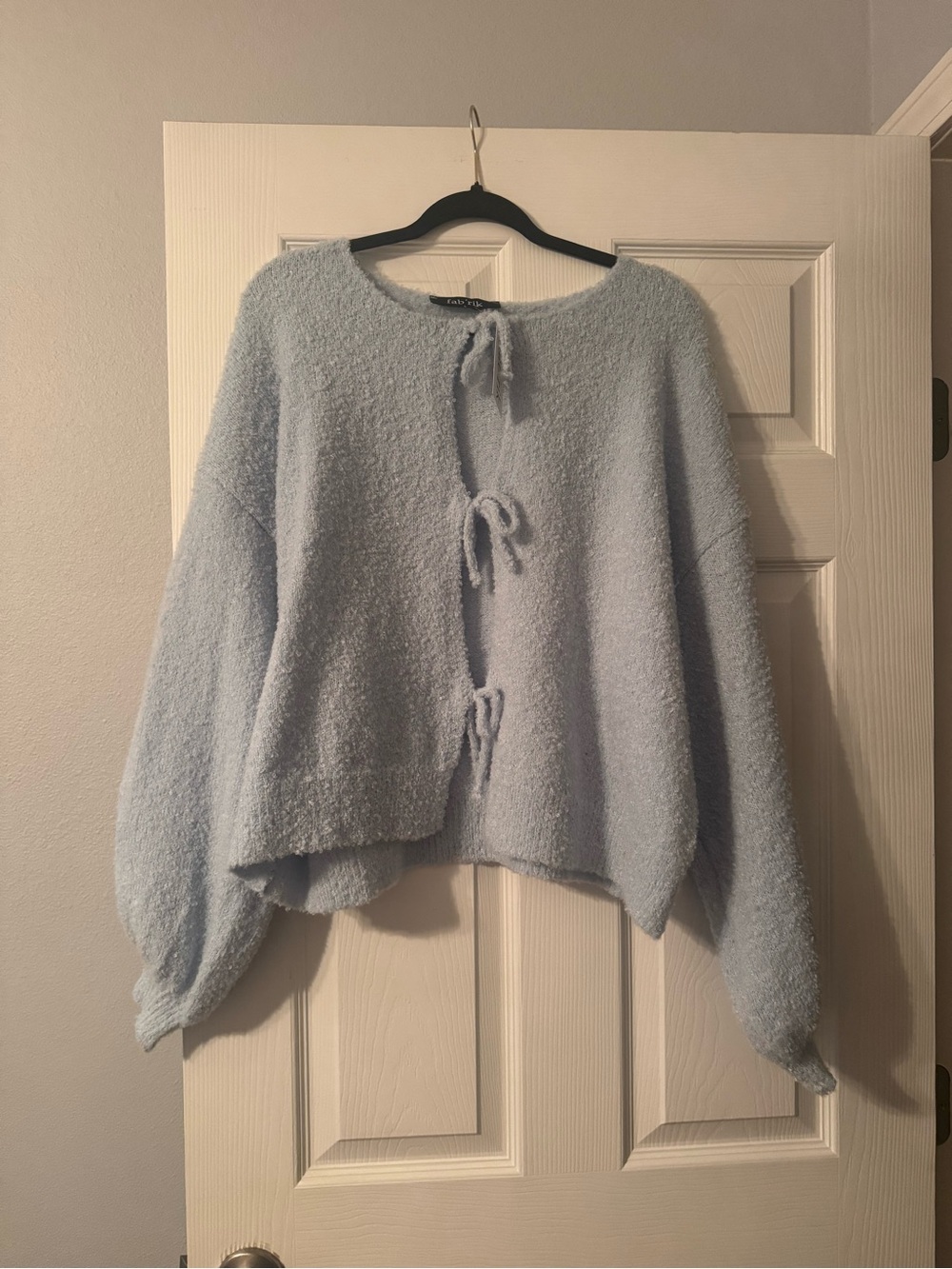 fab'rik Pale Blue Tie-Front Bouclé Cardigan